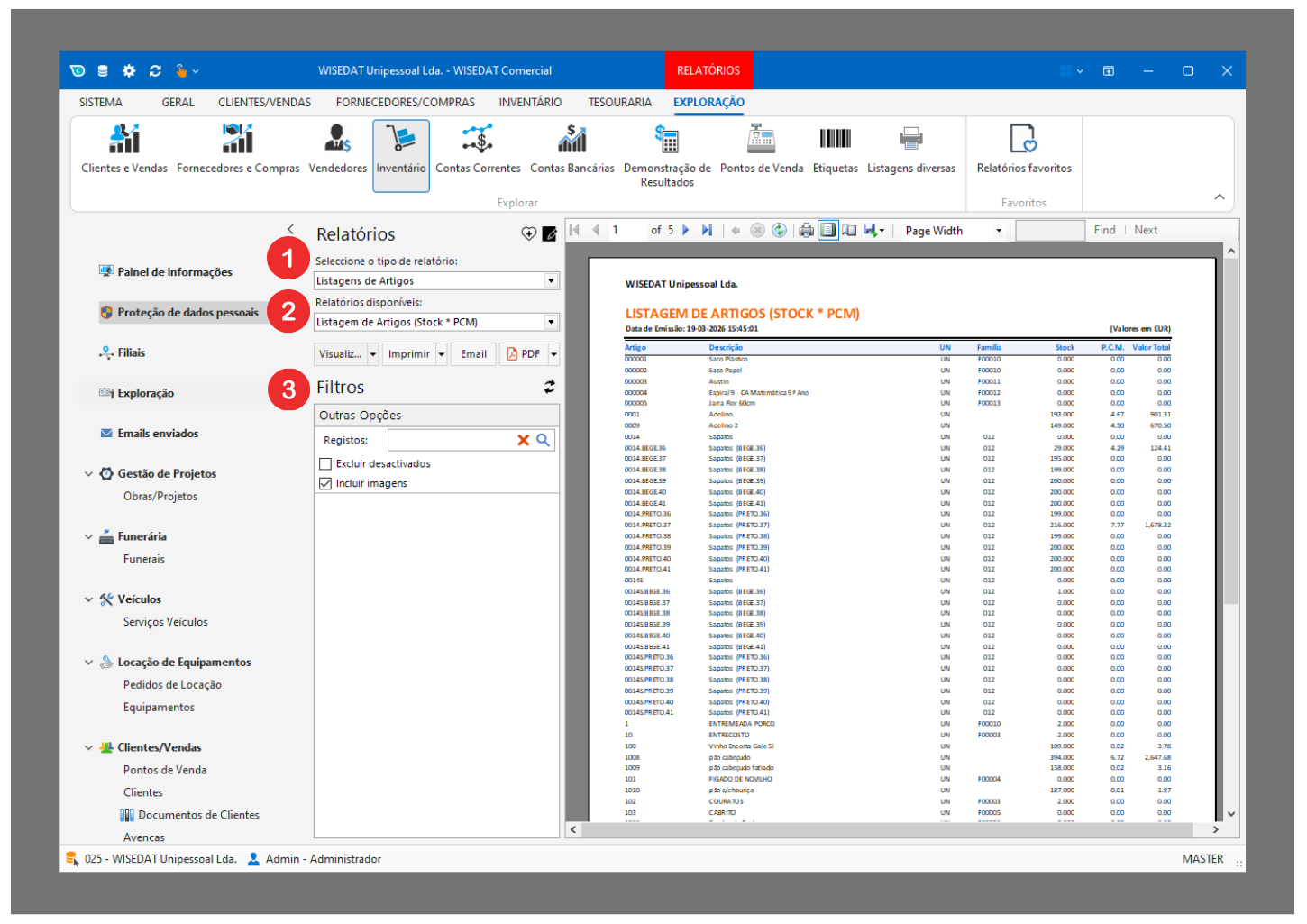 Relatórios de inventário WISEDAT com filtros de pesquisa
