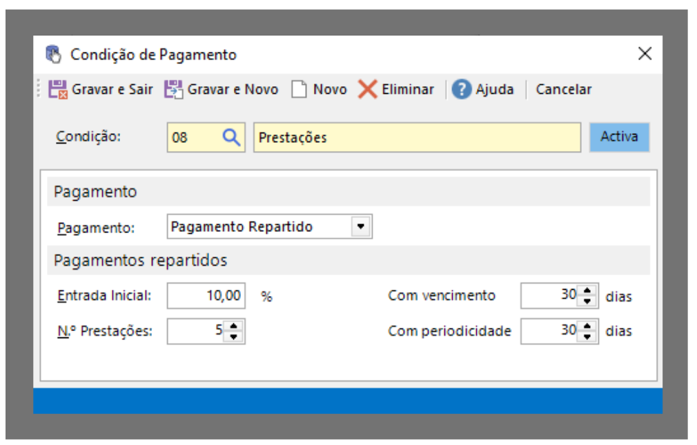 Configuração de condições de pagamento a prestações no Wisedat