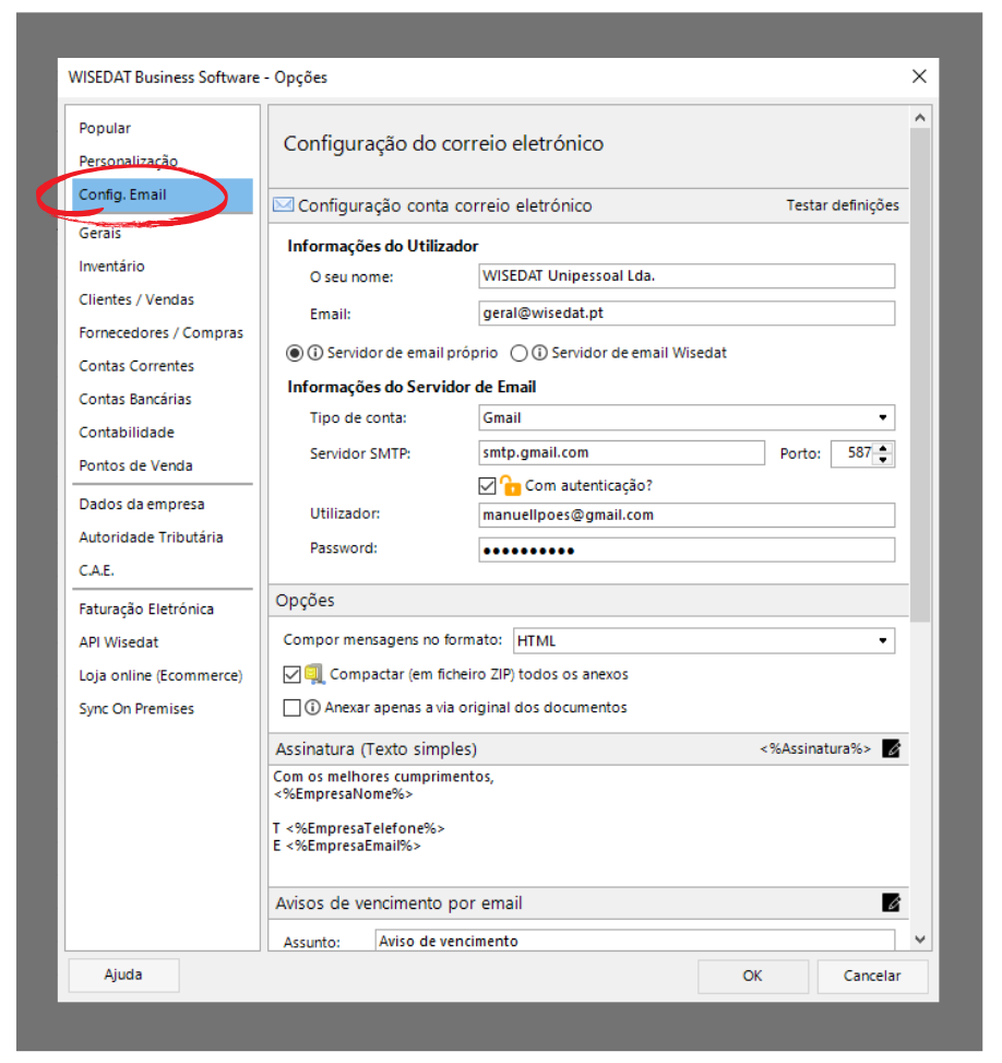 Configuração de email no Wisedat