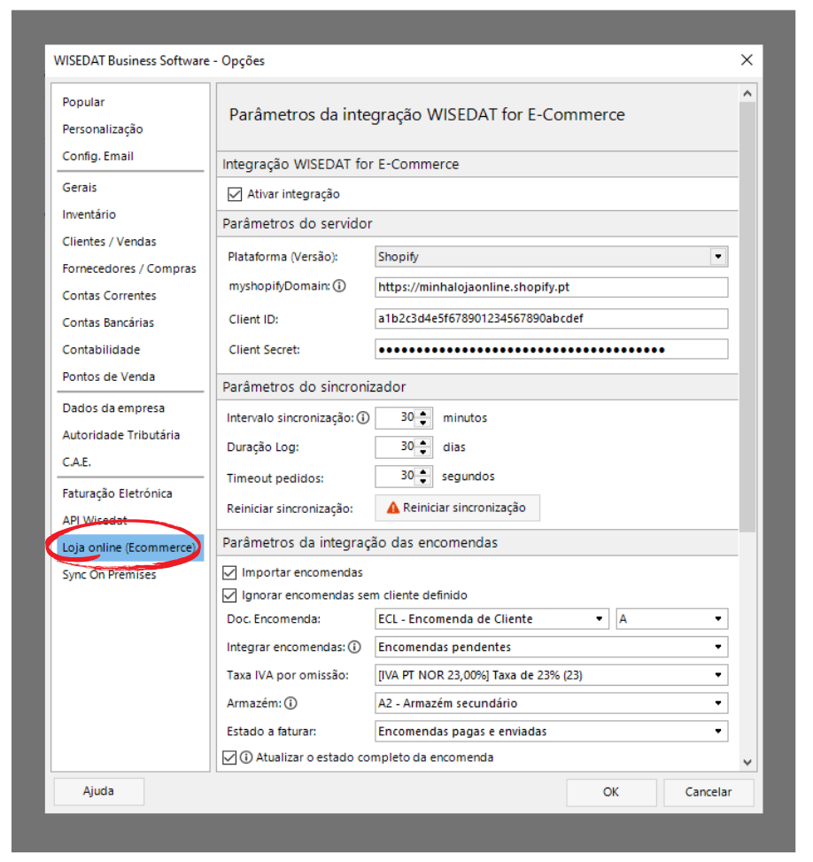 Configuração da integração Shopify no WISEDAT Comercial